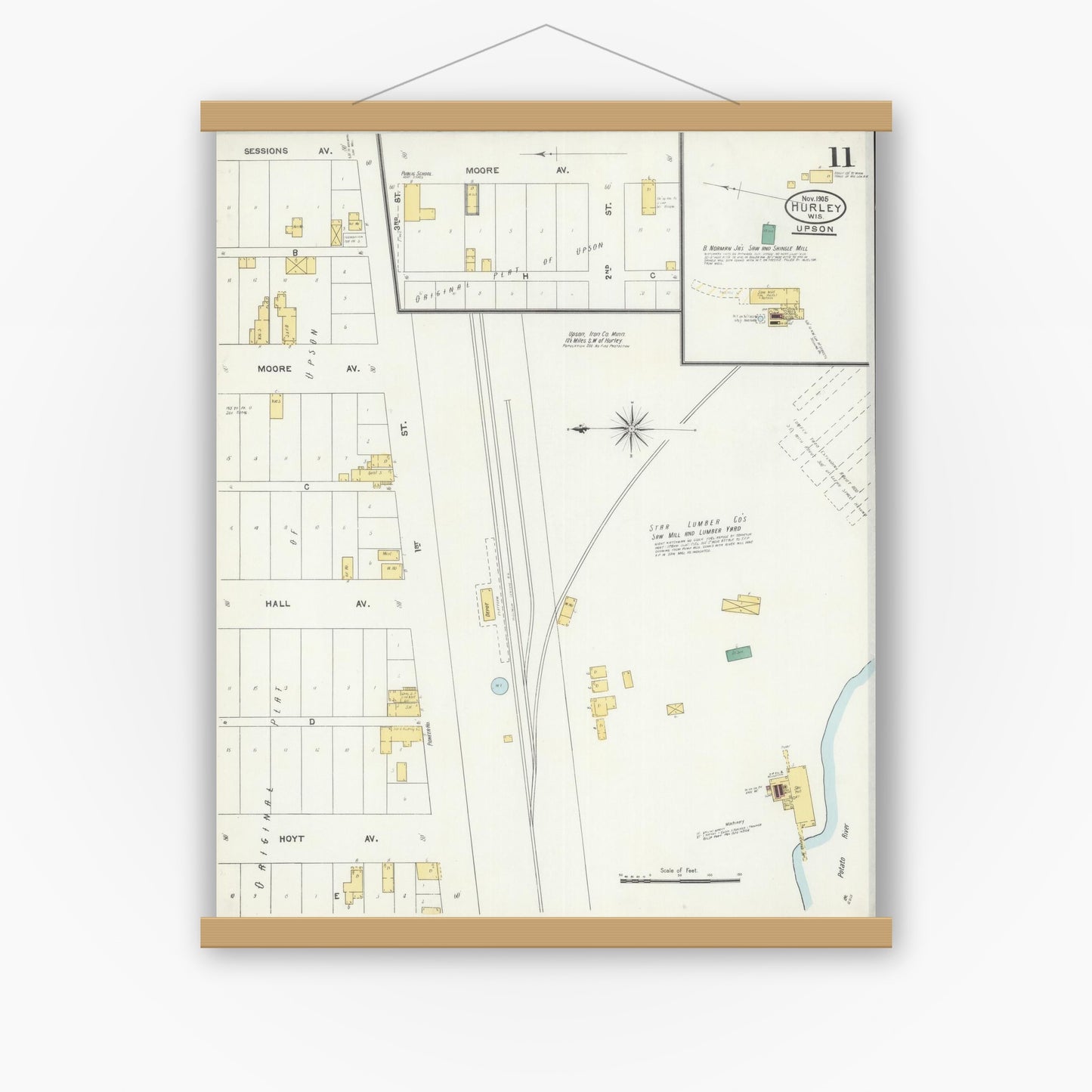 Old map wall art mockup — magnetic wood frame on white wall — Sanborn Fire Insurance Map from Hurley, Iron County, Wisconsin (1905), Sheet #0011