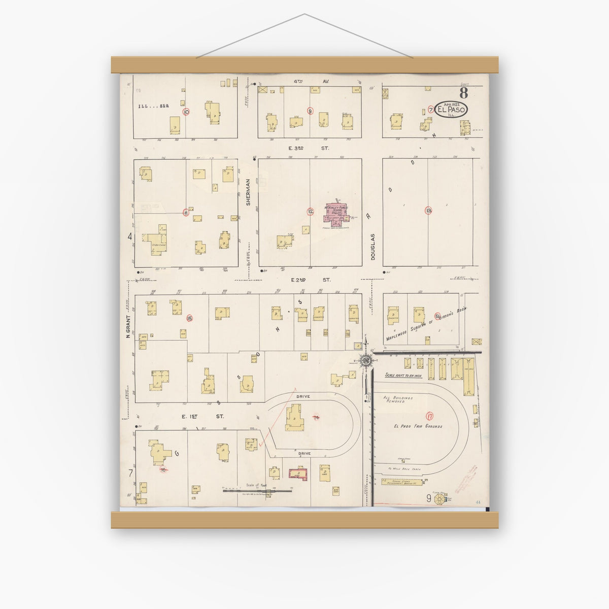 Old map wall art mockup — magnetic wood frame on white wall — Sanborn Fire Insurance Map from El Paso, Woodford County, Illinois (1941), Sheet #0008