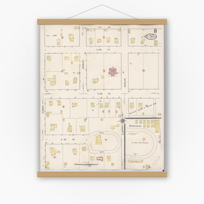 Old map wall art mockup — magnetic wood frame on white wall — Sanborn Fire Insurance Map from El Paso, Woodford County, Illinois (1941), Sheet #0008