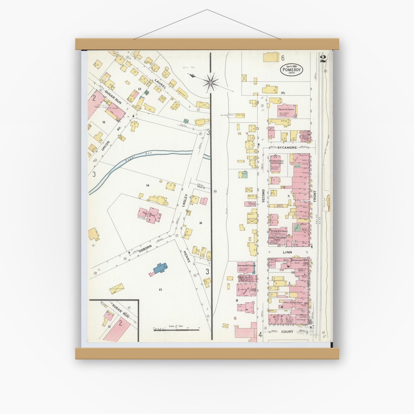 Old map wall art mockup — magnetic wood frame on white wall — Sanborn Fire Insurance Map from Pomeroy, Meigs County, Ohio (1908), Sheet #0002