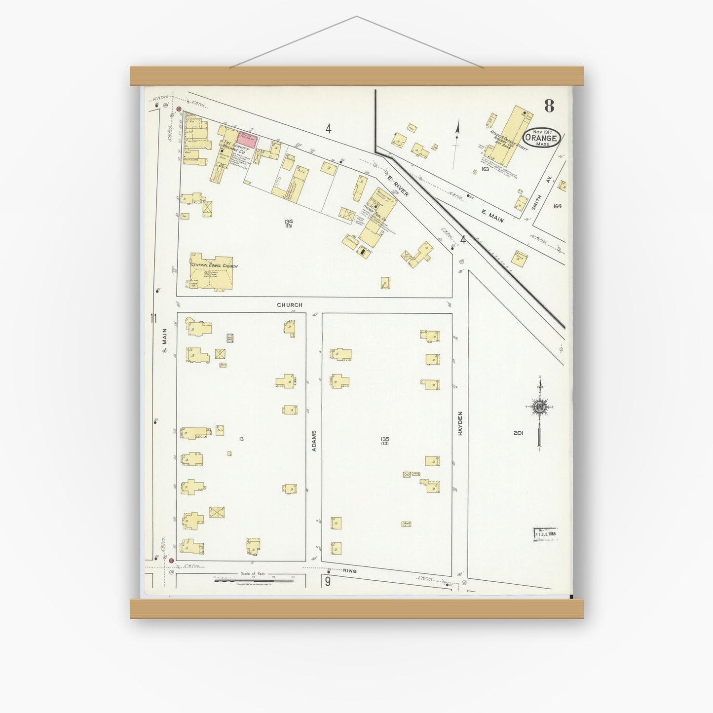 Old map wall art mockup — magnetic wood frame on white wall — Sanborn Fire Insurance Map from Orange, Franklin County, Massachusetts (1917), Sheet #0008