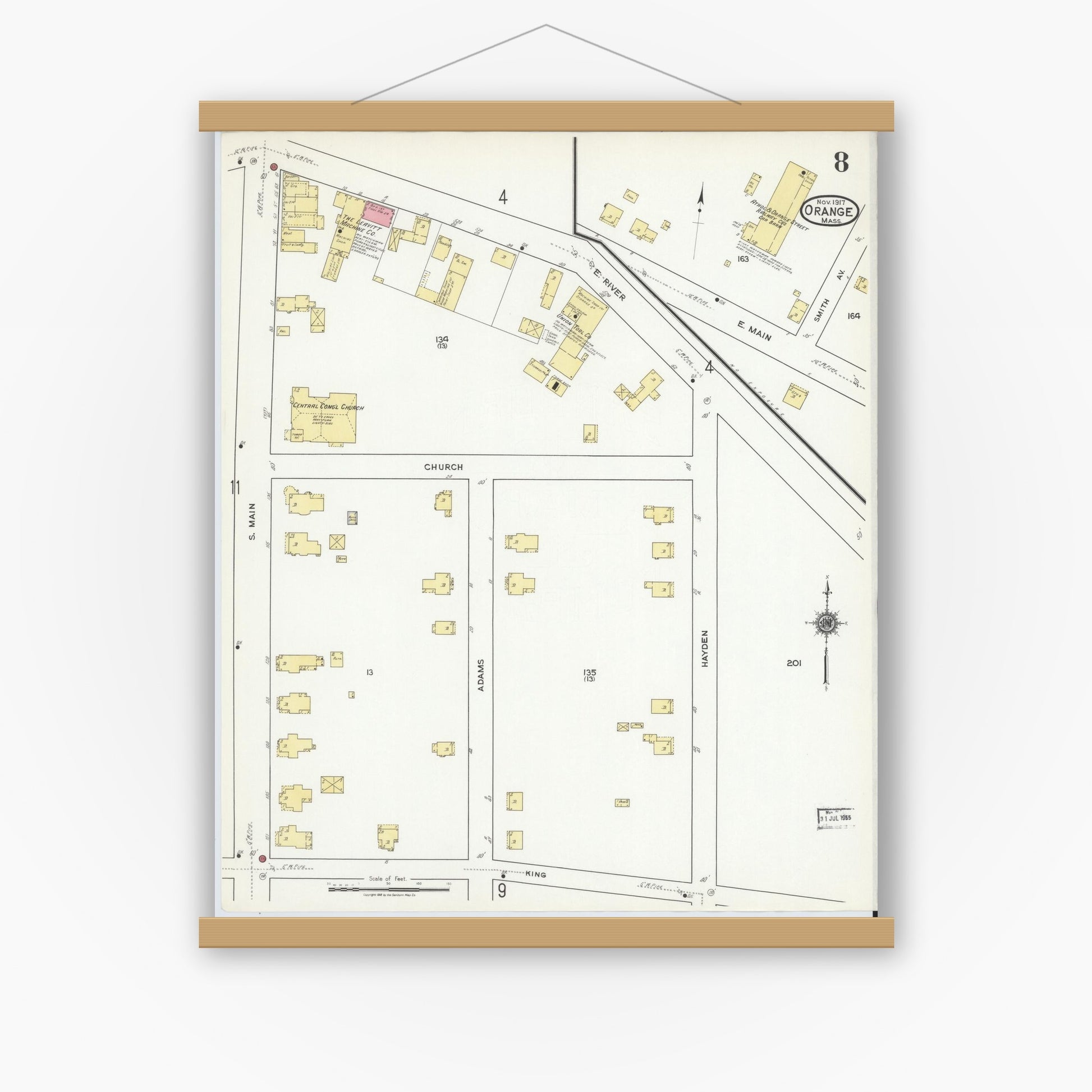 Old map wall art mockup — magnetic wood frame on white wall — Sanborn Fire Insurance Map from Orange, Franklin County, Massachusetts (1917), Sheet #0008
