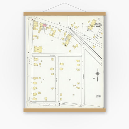 Old map wall art mockup — magnetic wood frame on white wall — Sanborn Fire Insurance Map from Orange, Franklin County, Massachusetts (1917), Sheet #0008