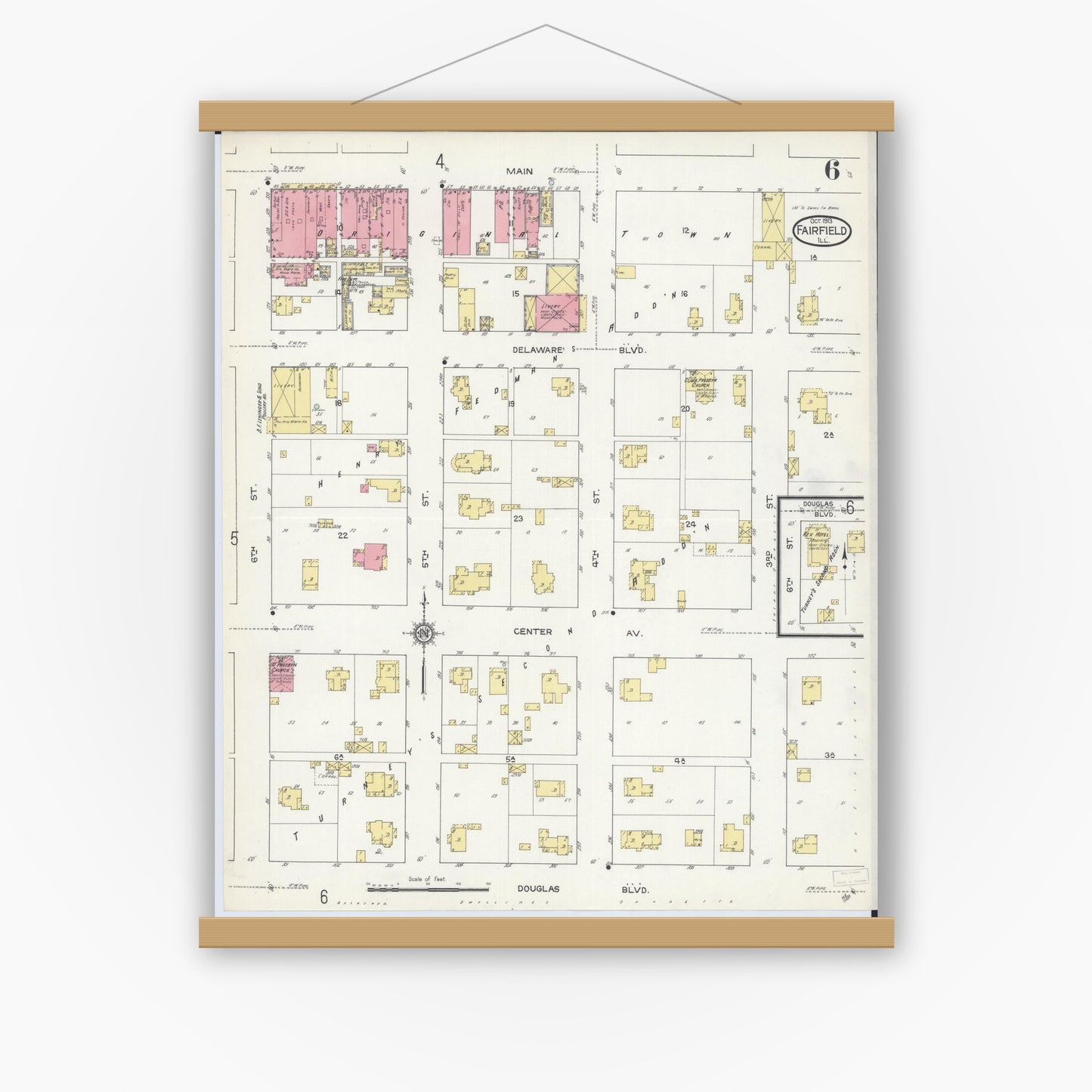 Old map wall art mockup — magnetic wood frame on white wall — Sanborn Fire Insurance Map from Fairfield, Wayne County, Illinois (1913), Sheet #0006