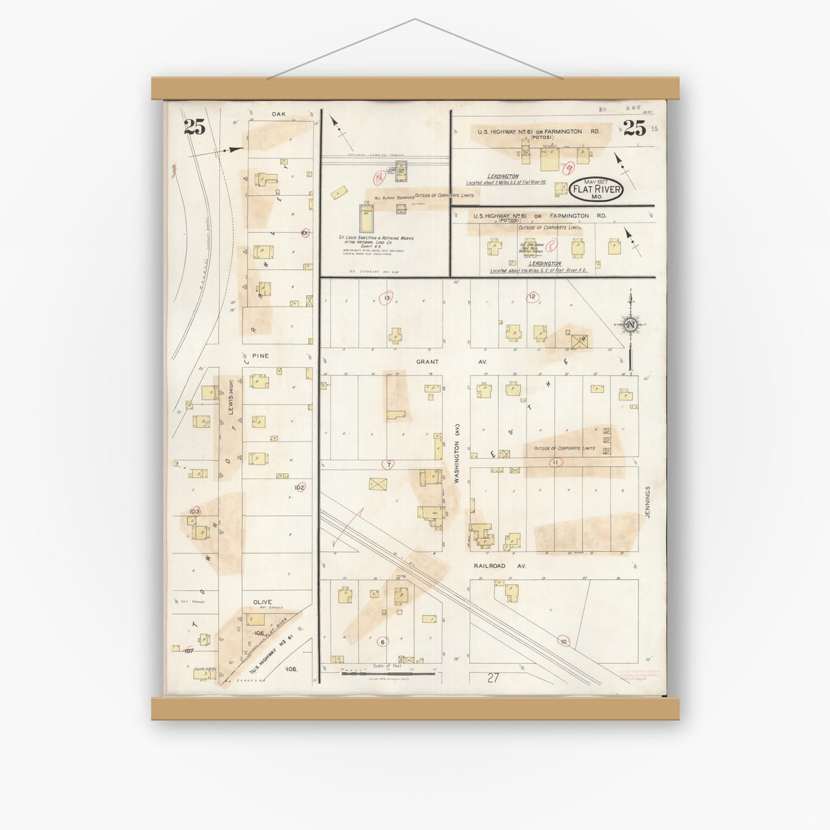 Old map wall art mockup — magnetic wood frame on white wall — Sanborn Fire Insurance Map from Flat River, Saint Francois County, Missouri (1938), Sheet #0025