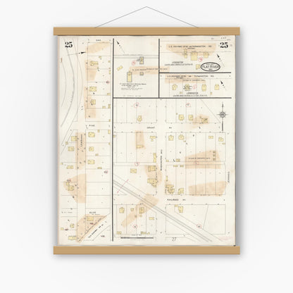 Old map wall art mockup — magnetic wood frame on white wall — Sanborn Fire Insurance Map from Flat River, Saint Francois County, Missouri (1938), Sheet #0025