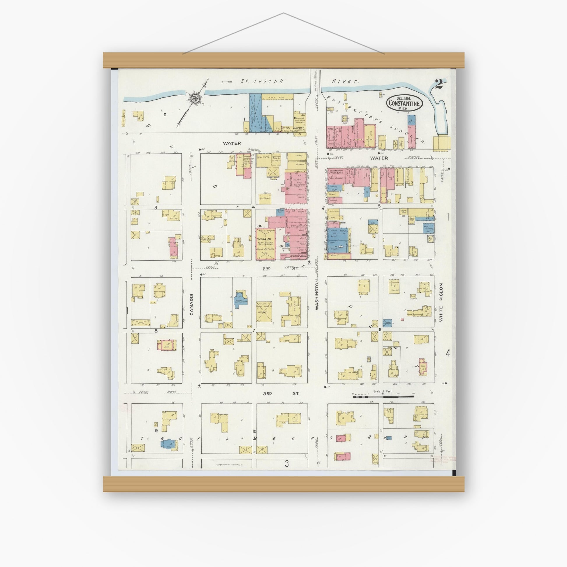 Old map wall art mockup — magnetic wood frame on white wall — Sanborn Fire Insurance Map from Constantine, Saint Joseph County, Michigan (1916), Sheet #0002