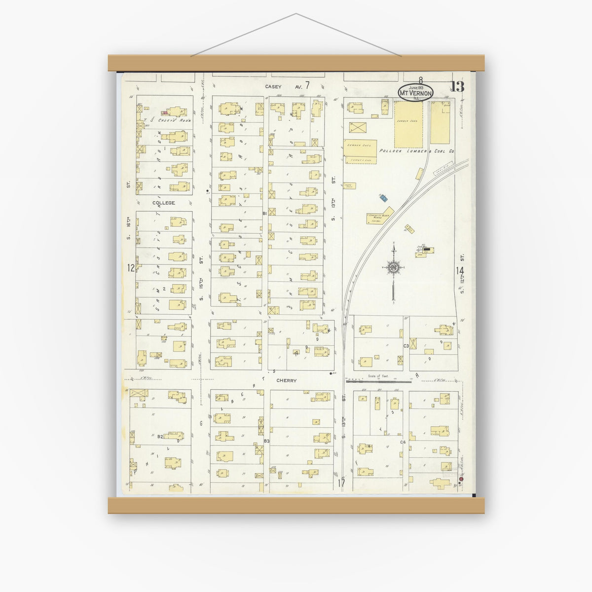 Old map wall art mockup — magnetic wood frame on white wall — Sanborn Fire Insurance Map from Mount Vernon, Jefferson County, Illinois (1913), Sheet #0013