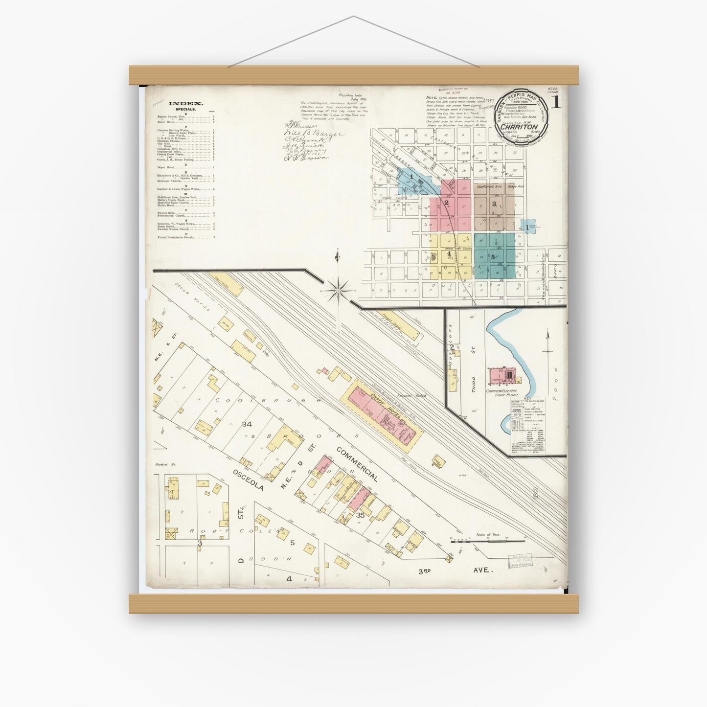 Old map wall art mockup — magnetic wood frame on white wall — Sanborn Fire Insurance Map from Chariton, Lucas County, Iowa (1893) â€” Complete Set