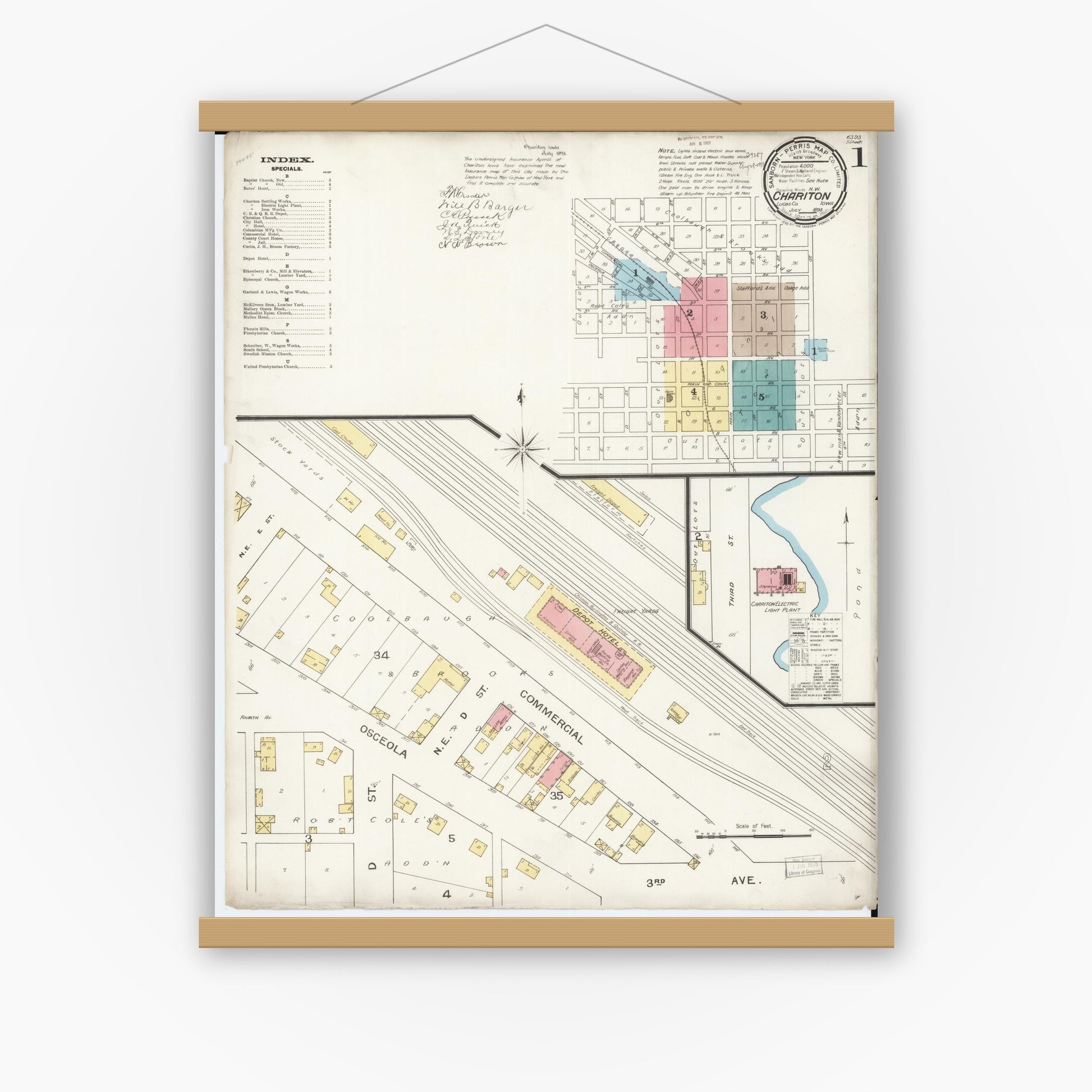 Old map wall art mockup — magnetic wood frame on white wall — Sanborn Fire Insurance Map from Chariton, Lucas County, Iowa (1893) â€” Complete Set
