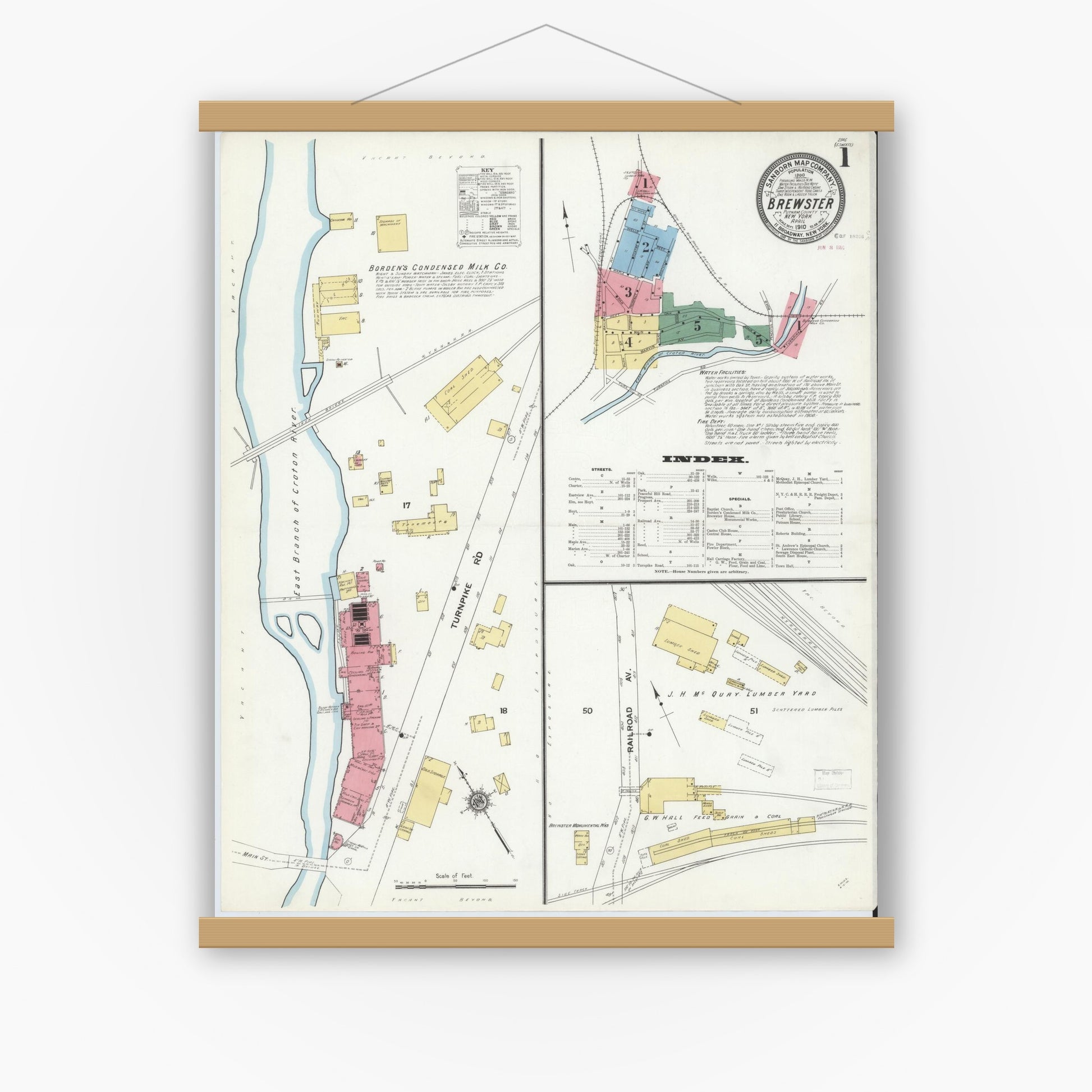 Old map wall art mockup — magnetic wood frame on white wall — Sanborn Fire Insurance Map from Brewster, Putnam County, New York (1910) - Complete Map Set