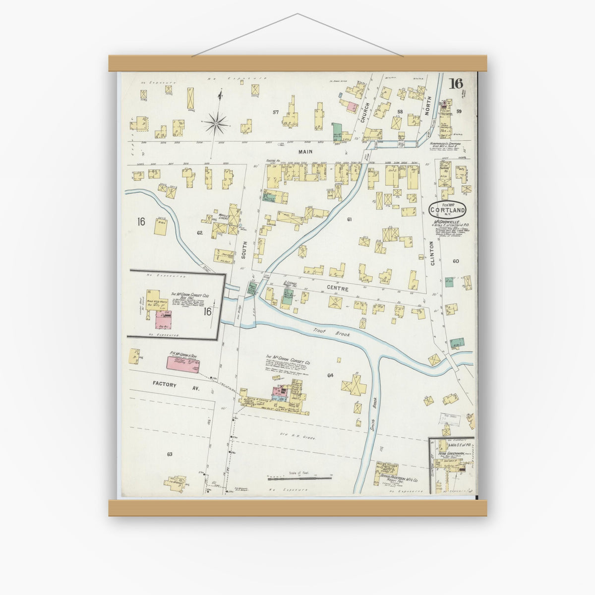 Old map wall art mockup — magnetic wood frame on white wall — Sanborn Fire Insurance Map from Cortland, Cortland County, New York (1897), Sheet #0016