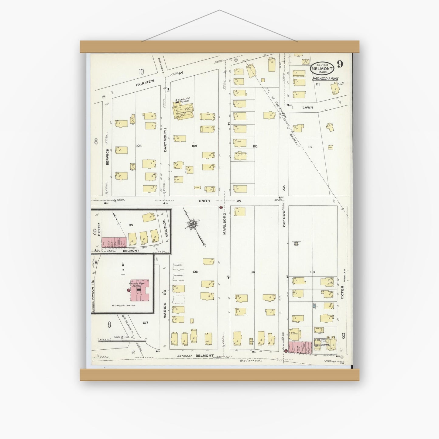 Old map wall art mockup — magnetic wood frame on white wall — Sanborn Fire Insurance Map from Belmont, Middlesex County, Massachusetts (1910), Sheet #0009