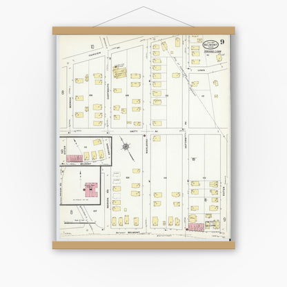 Old map wall art mockup — magnetic wood frame on white wall — Sanborn Fire Insurance Map from Belmont, Middlesex County, Massachusetts (1910), Sheet #0009