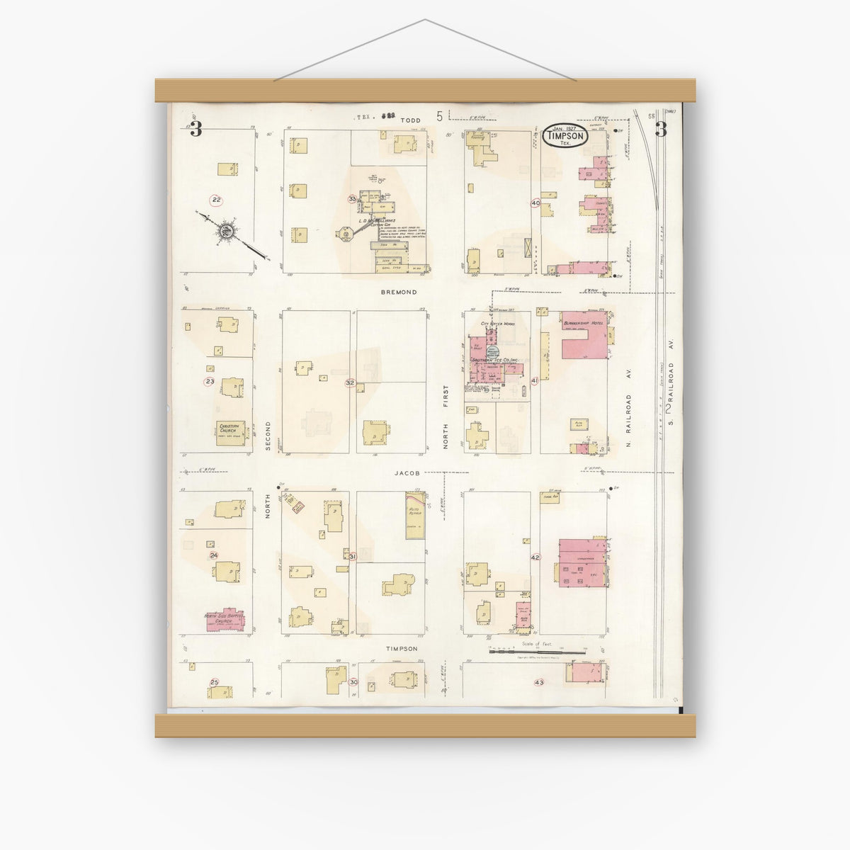 Old map wall art mockup — magnetic wood frame on white wall — Sanborn Fire Insurance Map from Timpson, Shelby County, Texas (1941), Sheet #0003