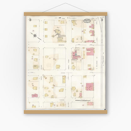 Old map wall art mockup — magnetic wood frame on white wall — Sanborn Fire Insurance Map from Timpson, Shelby County, Texas (1941), Sheet #0003