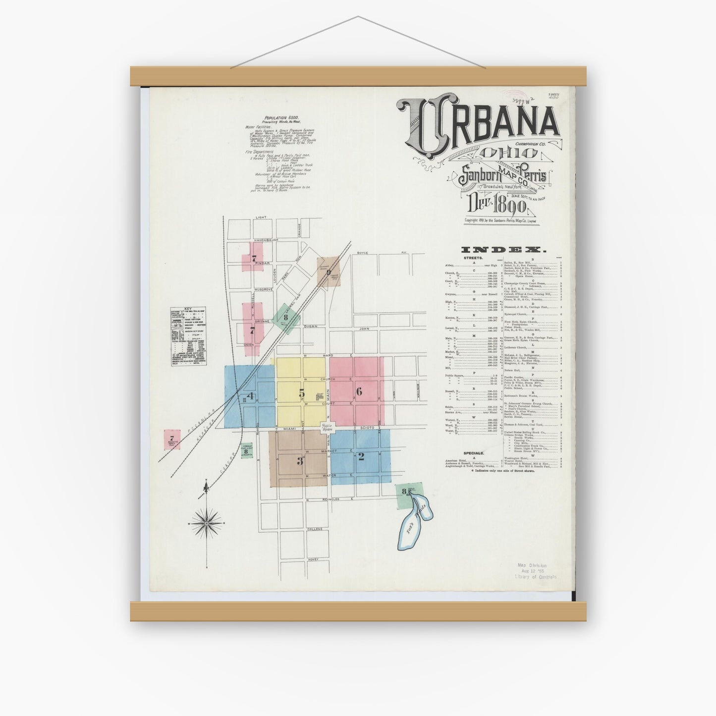 Old map wall art mockup — magnetic wood frame on white wall — Sanborn Fire Insurance Map from Urbana, Champaign County, Ohio (1890) - Complete Map Set