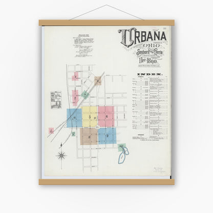 Old map wall art mockup — magnetic wood frame on white wall — Sanborn Fire Insurance Map from Urbana, Champaign County, Ohio (1890) - Complete Map Set