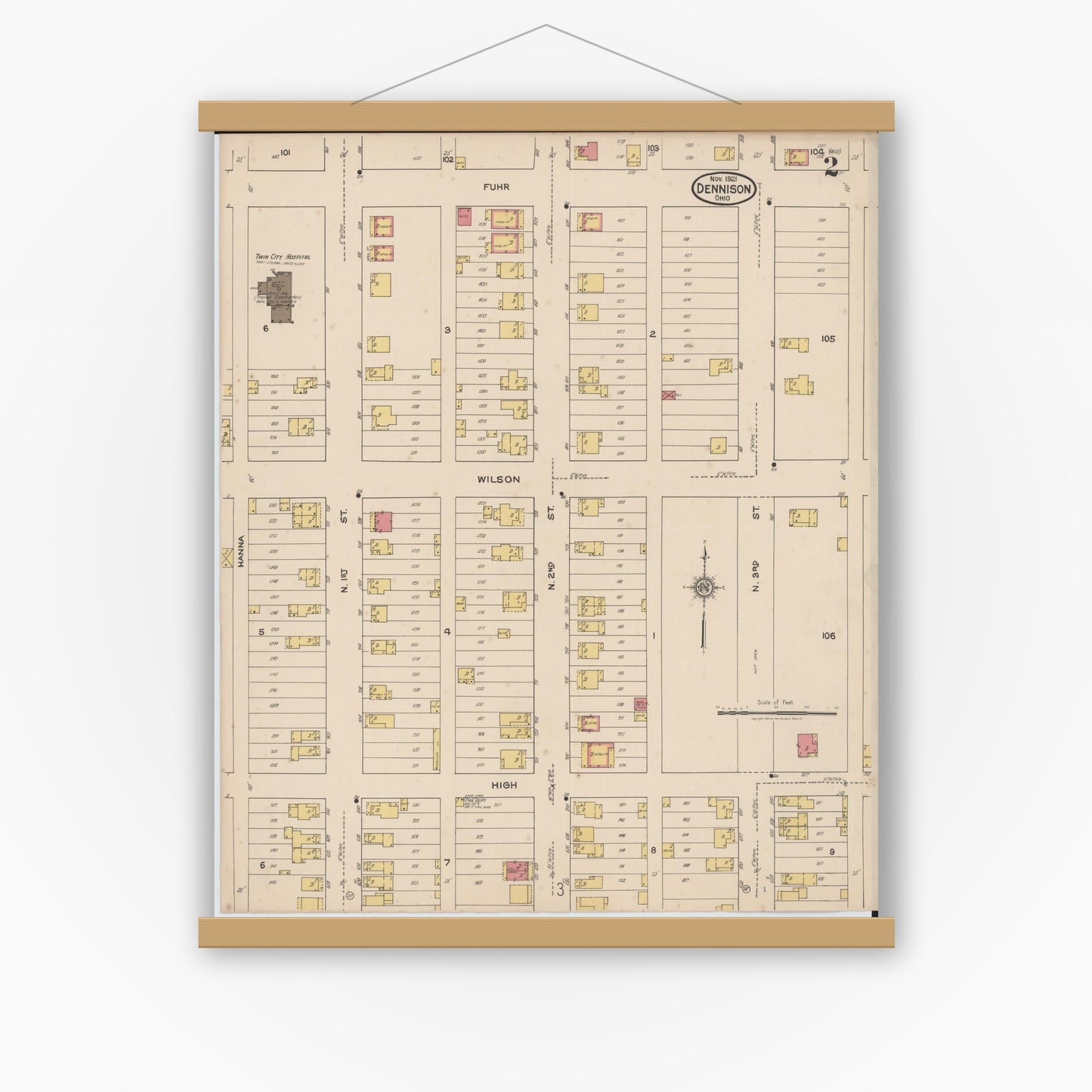 Old map wall art mockup — magnetic wood frame on white wall — Sanborn Fire Insurance Map from Dennison, Tuscarawas County, Ohio (1921), Sheet #0002