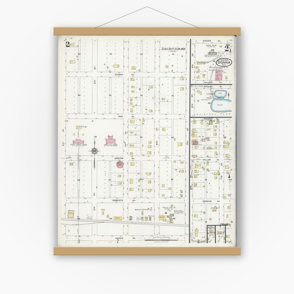 Old map wall art mockup — magnetic wood frame on white wall — Sanborn Fire Insurance Map from Donna, Hidalgo County, Texas (1925), Sheet #0002