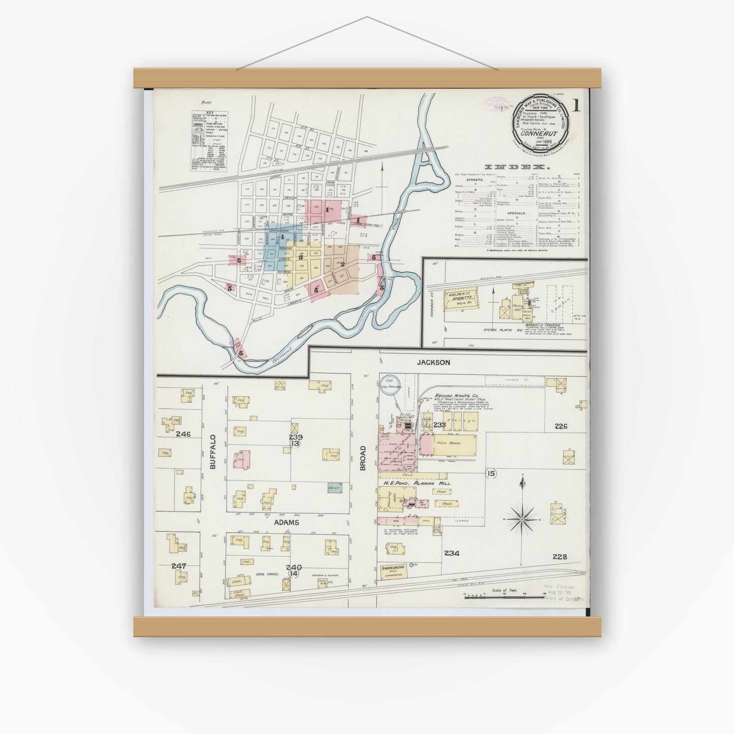 Old map wall art mockup — magnetic wood frame on white wall — Sanborn Fire Insurance Map from Conneaut, Ashtabula County, Ohio (1889) - Complete Map Set