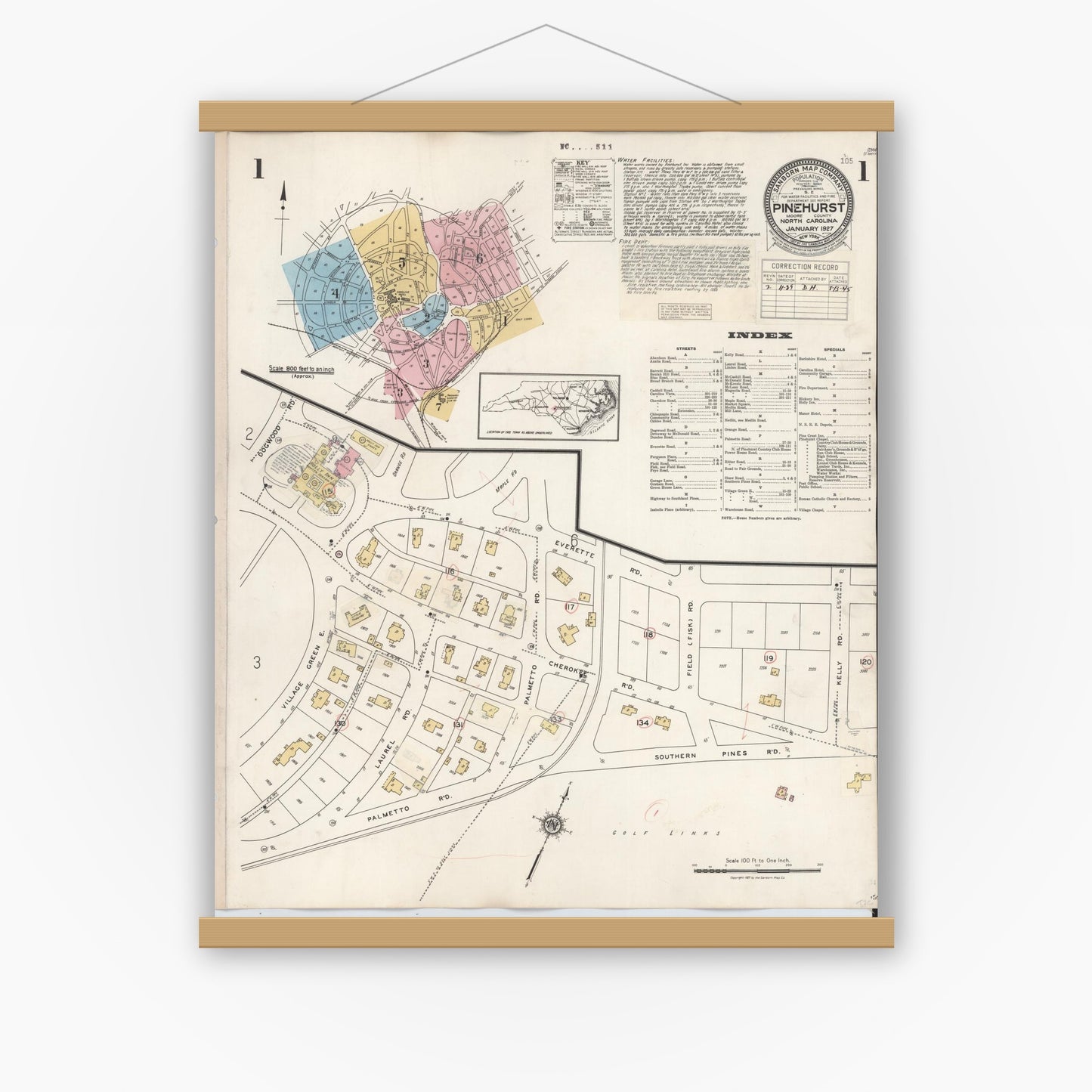 Old map wall art mockup — magnetic wood frame on white wall — Sanborn Fire Insurance Map from Pinehurst, Moore County, North Carolina (1939) - Complete Map Set