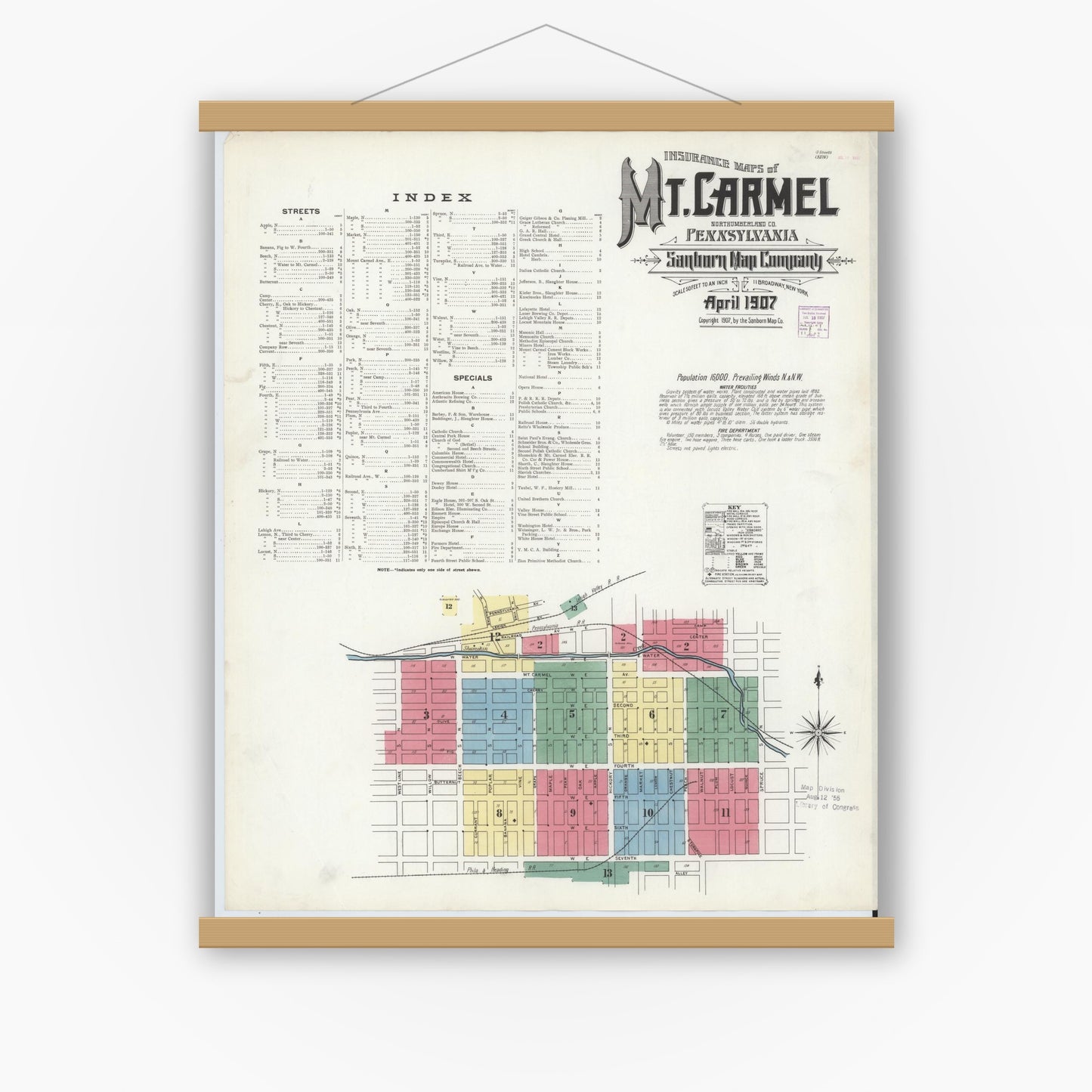 Old map wall art mockup — magnetic wood frame on white wall — Sanborn Fire Insurance Map from Mount Carmel, Northumberland County, Pennsylvania (1907), Sheet #0001