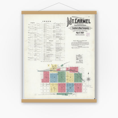 Old map wall art mockup — magnetic wood frame on white wall — Sanborn Fire Insurance Map from Mount Carmel, Northumberland County, Pennsylvania (1907), Sheet #0001