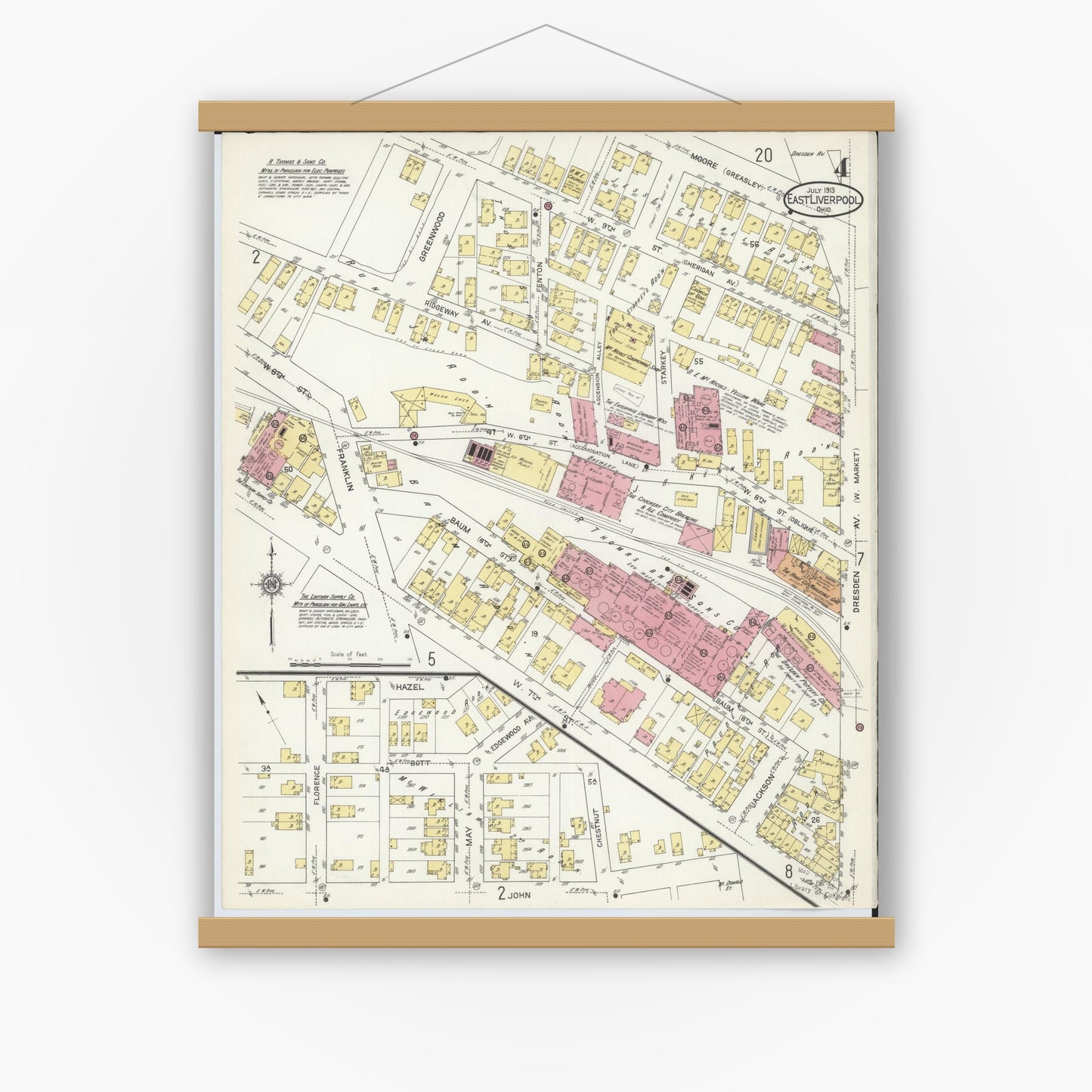 Old map wall art mockup — magnetic wood frame on white wall — Sanborn Fire Insurance Map from East Liverpool, Columbiana County, Ohio (1913), Sheet #0004