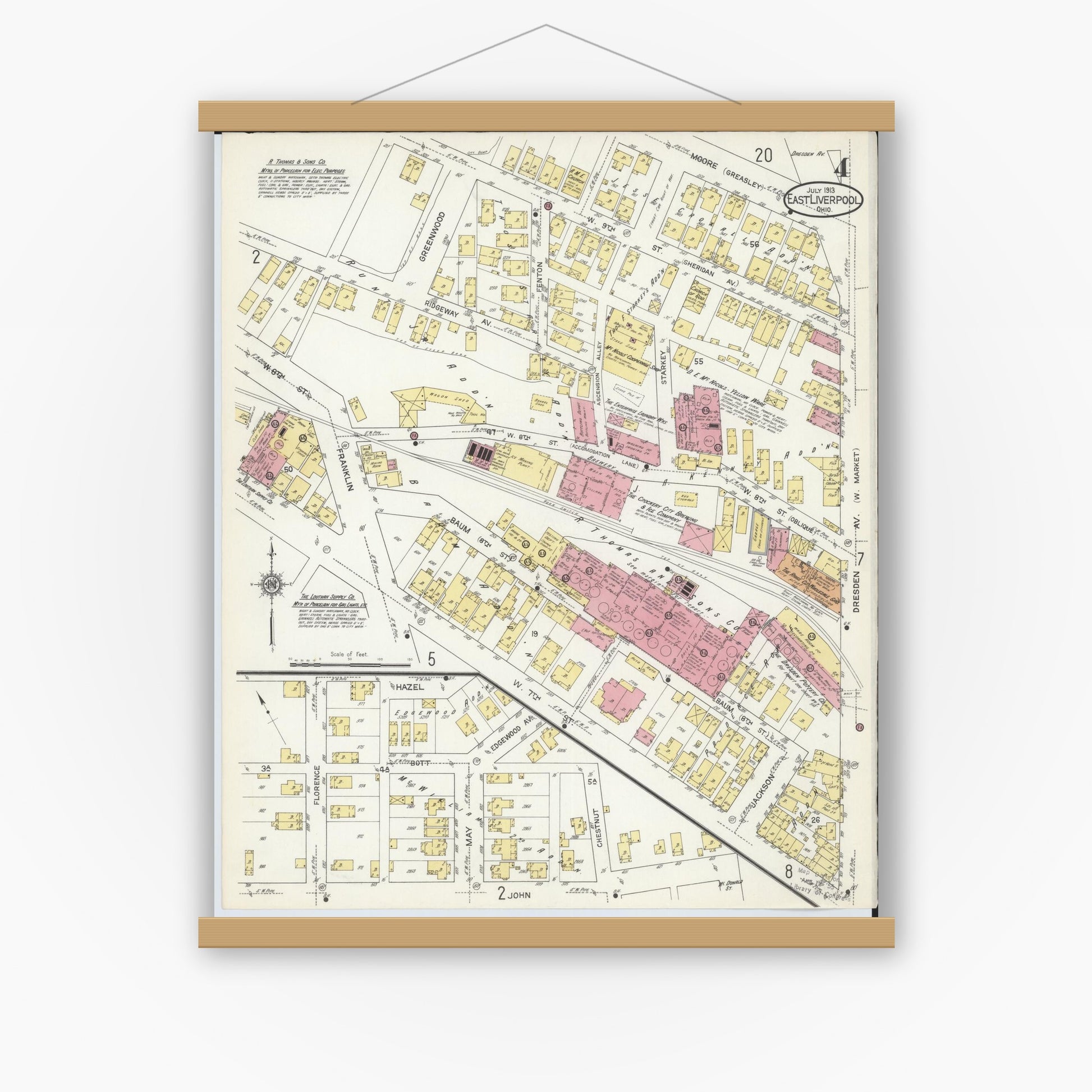 Old map wall art mockup — magnetic wood frame on white wall — Sanborn Fire Insurance Map from East Liverpool, Columbiana County, Ohio (1913), Sheet #0004