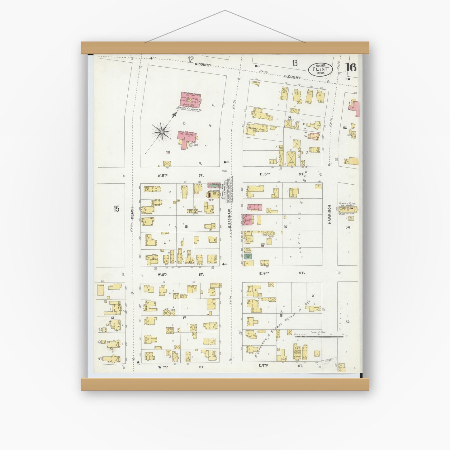 Old map wall art mockup — magnetic wood frame on white wall — Sanborn Fire Insurance Map from Flint, Genesee County, Michigan (1902), Sheet #0016