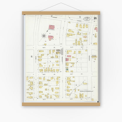 Old map wall art mockup — magnetic wood frame on white wall — Sanborn Fire Insurance Map from Flint, Genesee County, Michigan (1902), Sheet #0016