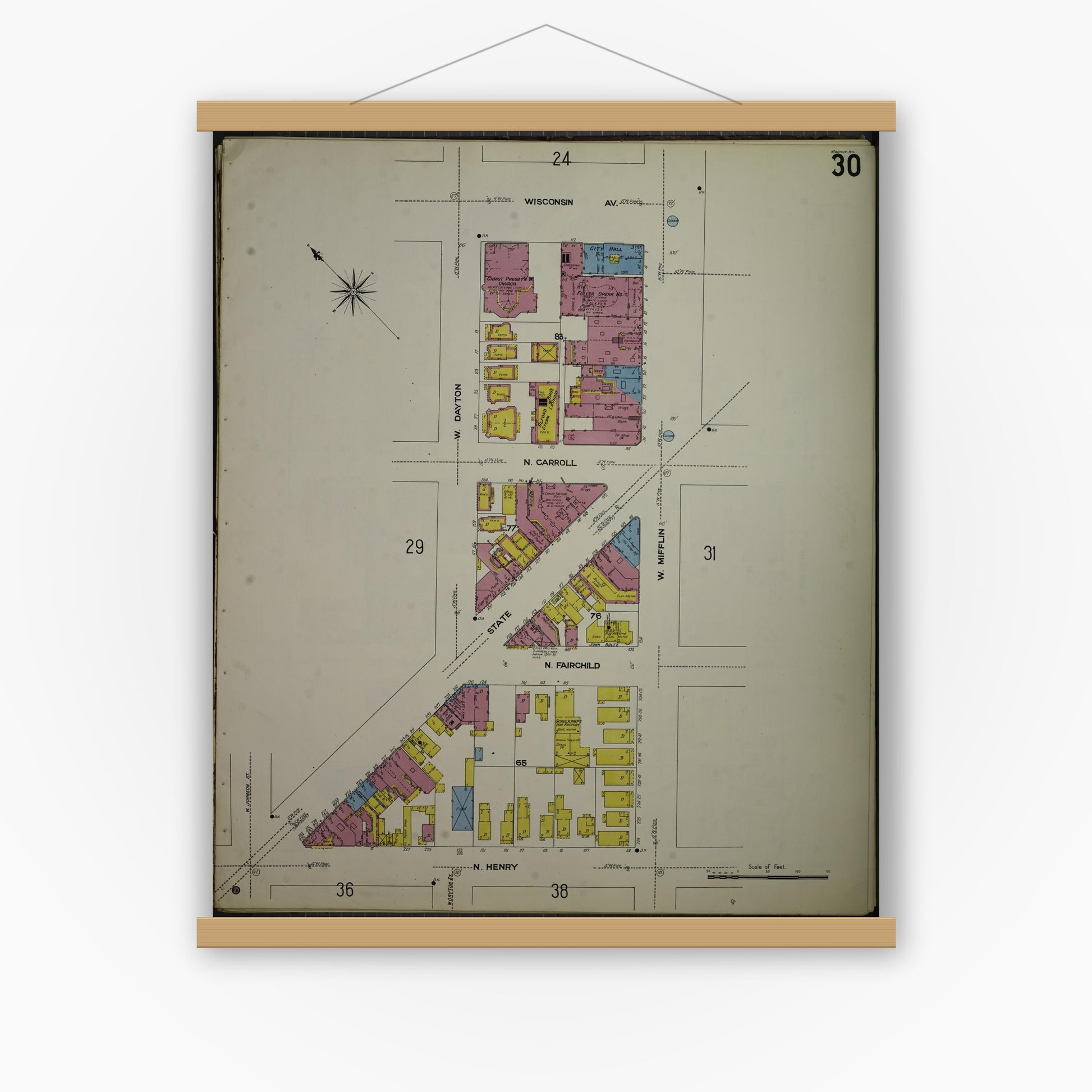 Old map wall art mockup — magnetic wood frame on white wall — Sanborn Fire Insurance Map from Madison, Dane County, Wisconsin (1908), Sheet #0030