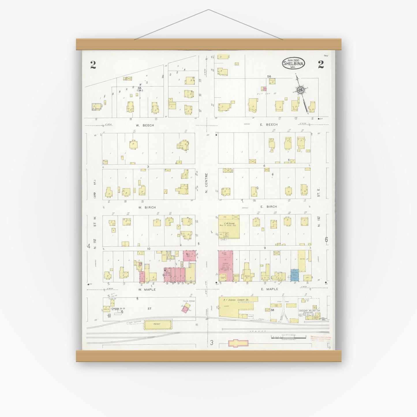 Old map wall art mockup — magnetic wood frame on white wall — Sanborn Fire Insurance Map from Shelbina, Shelby County, Missouri (1930), Sheet #0002
