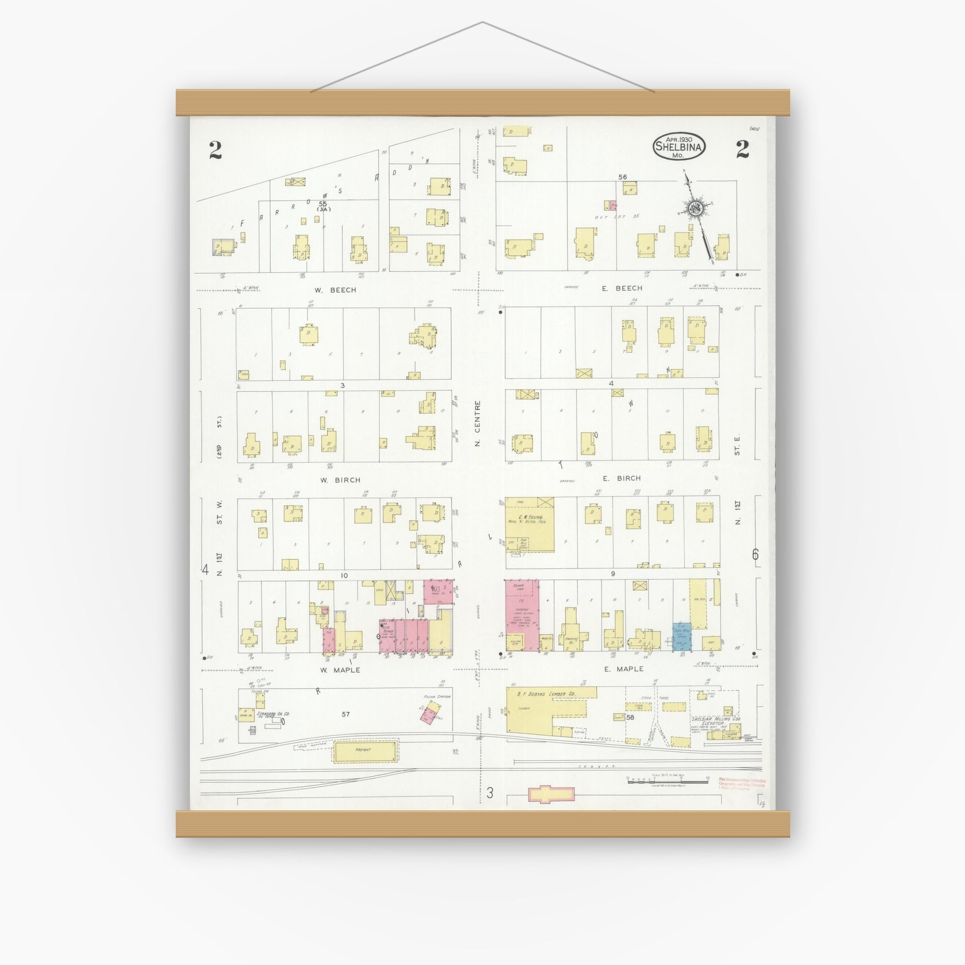 Old map wall art mockup — magnetic wood frame on white wall — Sanborn Fire Insurance Map from Shelbina, Shelby County, Missouri (1930), Sheet #0002