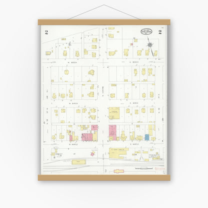 Old map wall art mockup — magnetic wood frame on white wall — Sanborn Fire Insurance Map from Shelbina, Shelby County, Missouri (1930), Sheet #0002