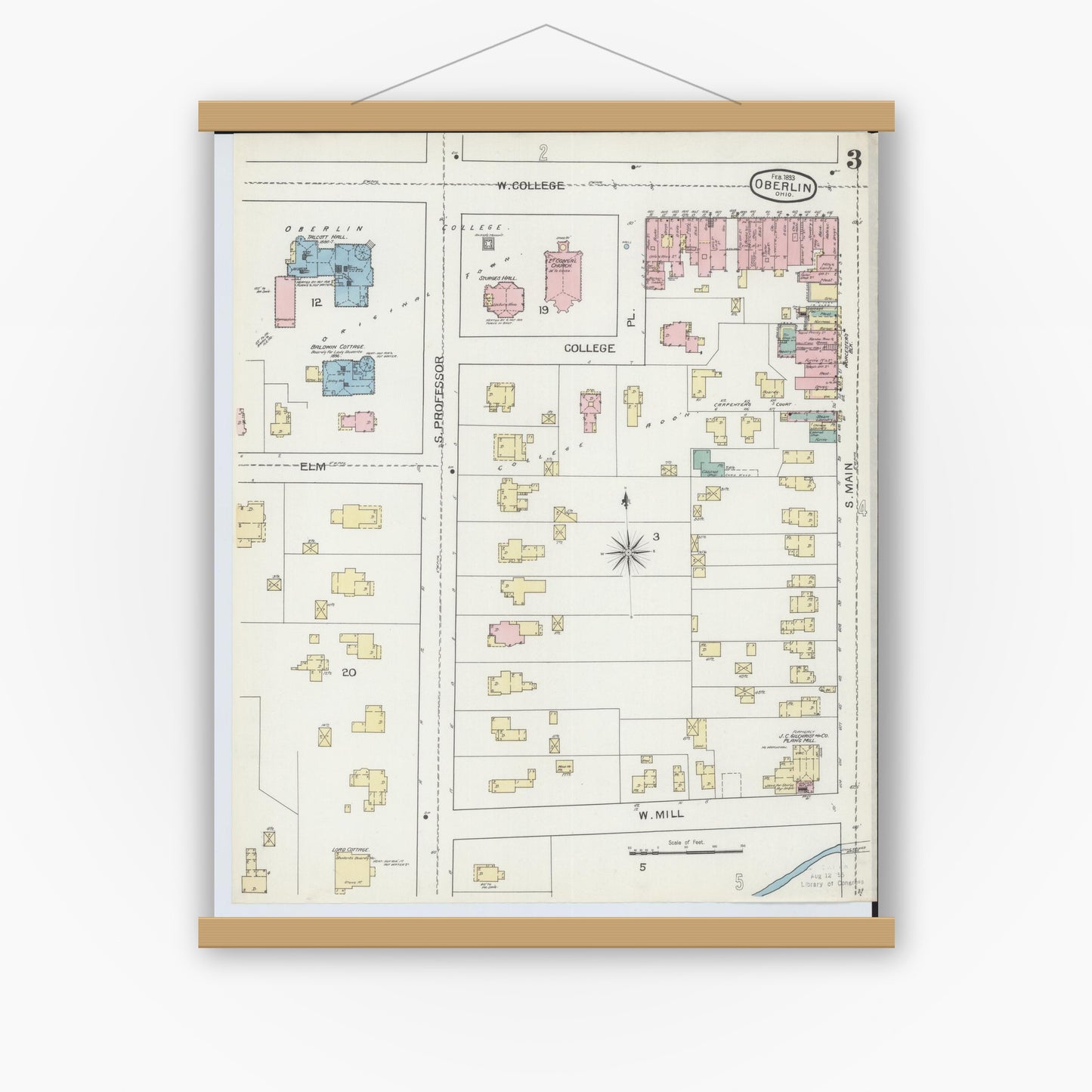 Old map wall art mockup — magnetic wood frame on white wall — Sanborn Fire Insurance Map from Oberlin, Lorain County, Ohio (1893), Sheet #0003