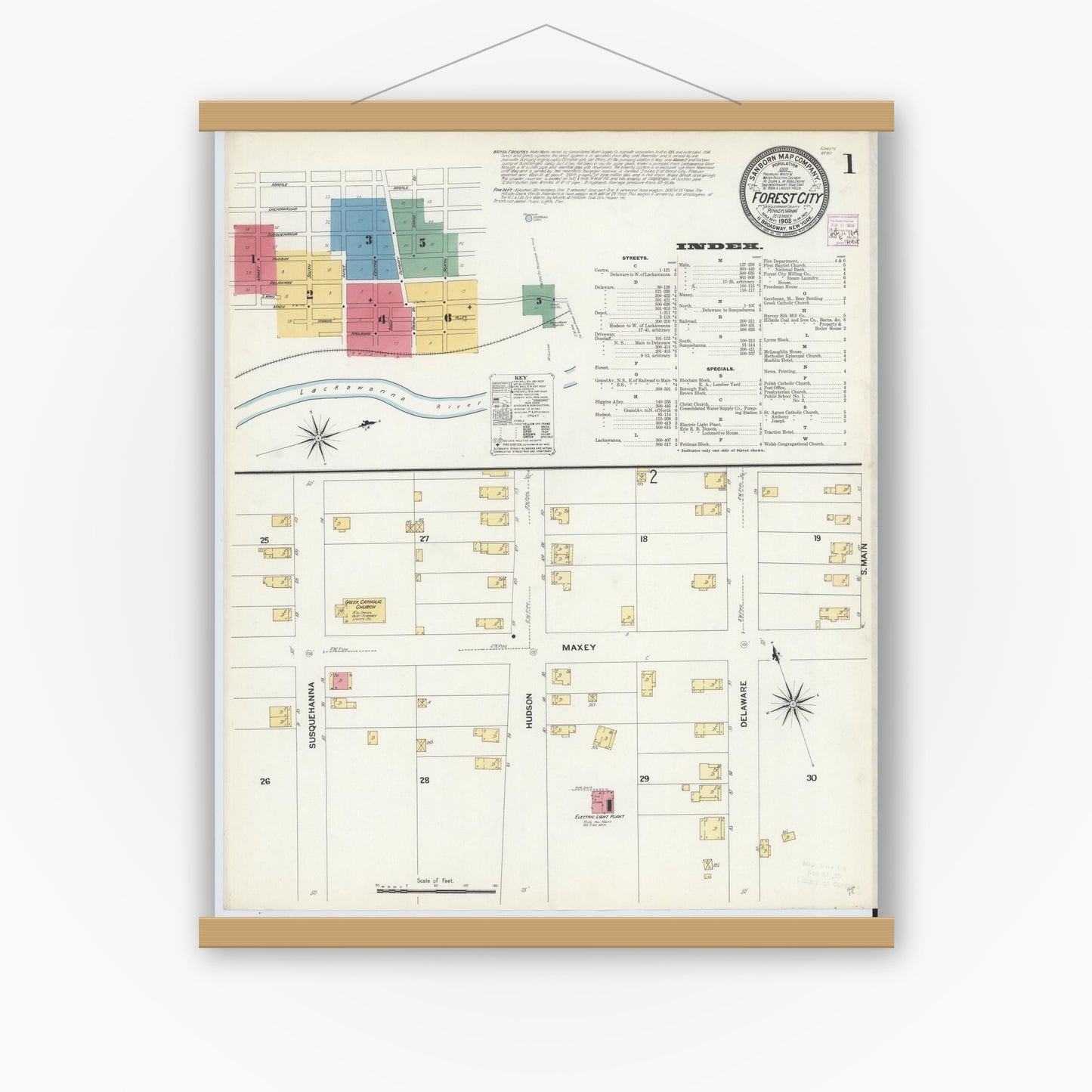 Old map wall art mockup — magnetic wood frame on white wall — Sanborn Fire Insurance Map from Forest City, Susquehanna County, Pennsylvania (1908) - Complete Map Set