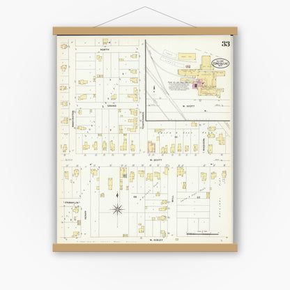 Old map wall art mockup — magnetic wood frame on white wall — Sanborn Fire Insurance Map from Fond du Lac, Fond du Lac County, Wisconsin (1908), Sheet #0033