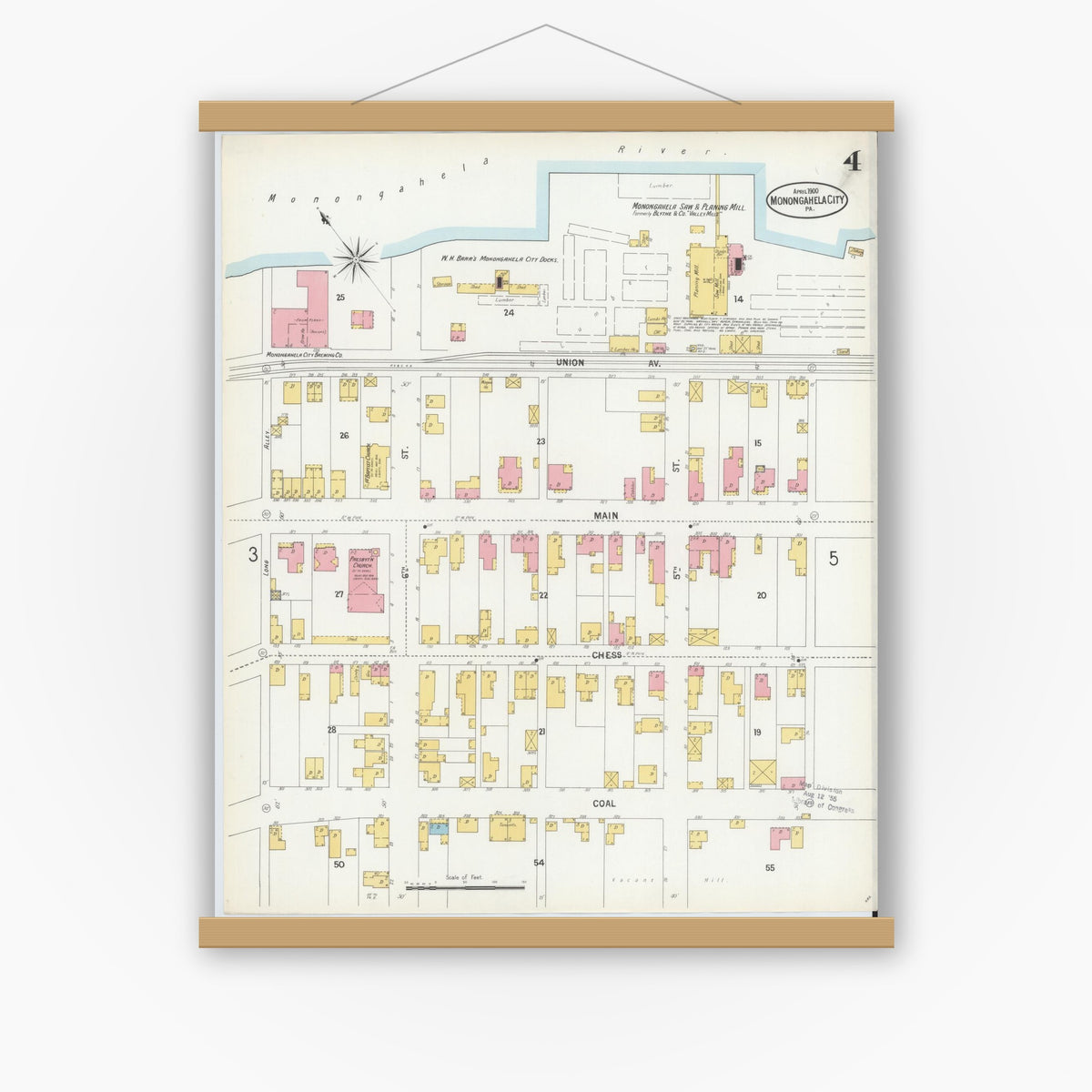 Old map wall art mockup — magnetic wood frame on white wall — Sanborn Fire Insurance Map from Monongahela City, Washington County, Pennsylvania (1900), Sheet #0004