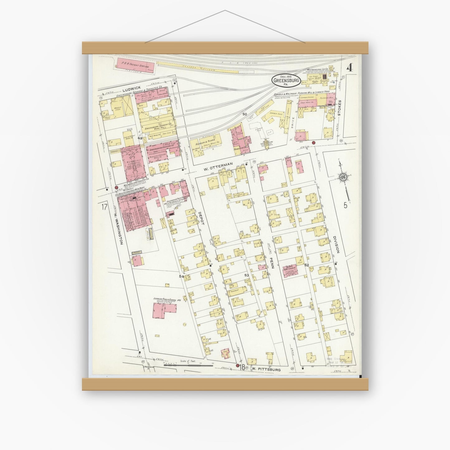 Old map wall art mockup — magnetic wood frame on white wall — Sanborn Fire Insurance Map from Greensburg, Westmoreland County, Pennsylvania (1915), Sheet #0004