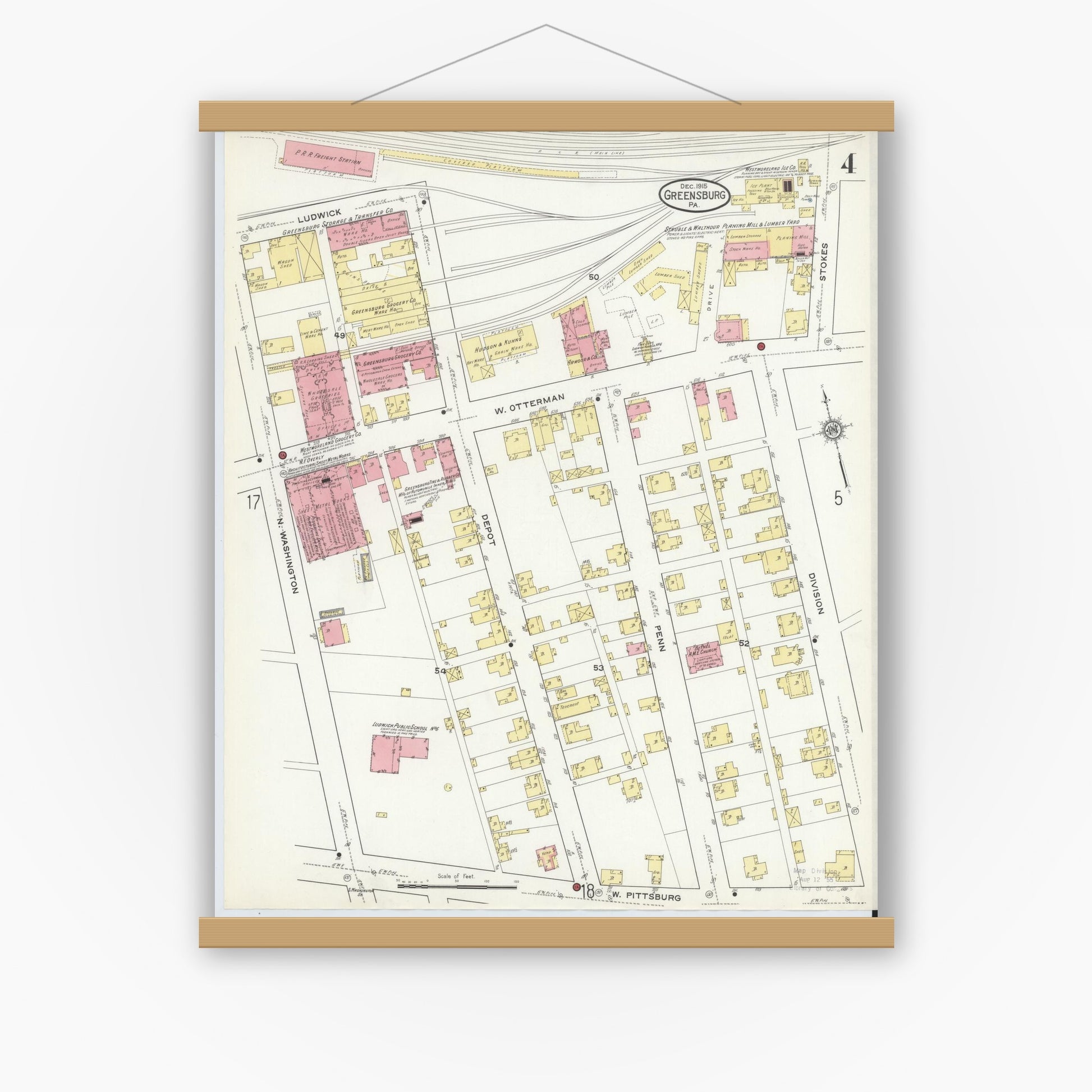 Old map wall art mockup — magnetic wood frame on white wall — Sanborn Fire Insurance Map from Greensburg, Westmoreland County, Pennsylvania (1915), Sheet #0004