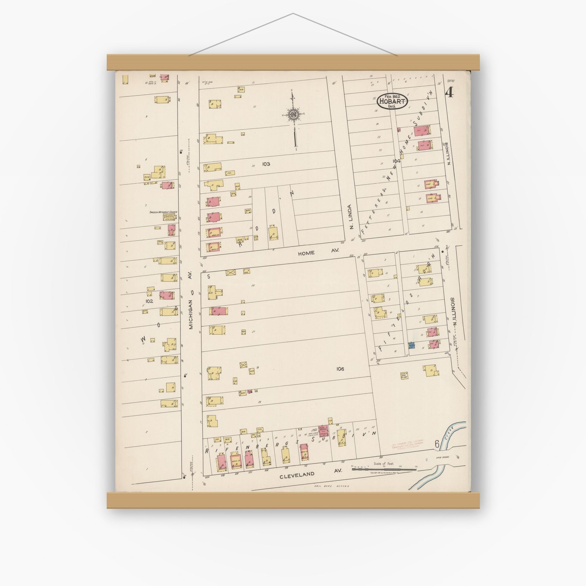 Old map wall art mockup — magnetic wood frame on white wall — Sanborn Fire Insurance Map from Hobart, Lake County, Indiana (1922), Sheet #0004