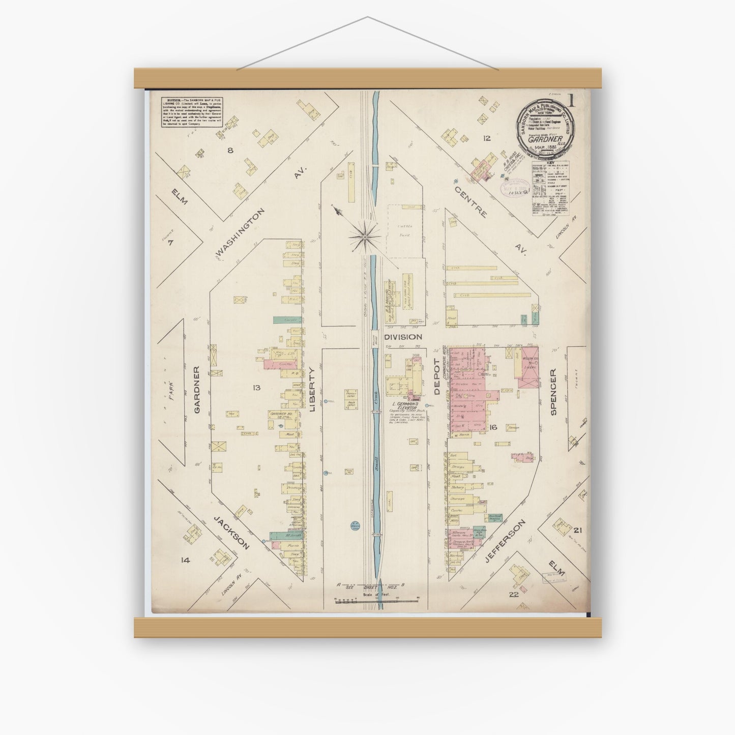 Old map wall art mockup — magnetic wood frame on white wall — Sanborn Fire Insurance Map from Gardner, Grundy County, Illinois (1885) - Complete Map Set