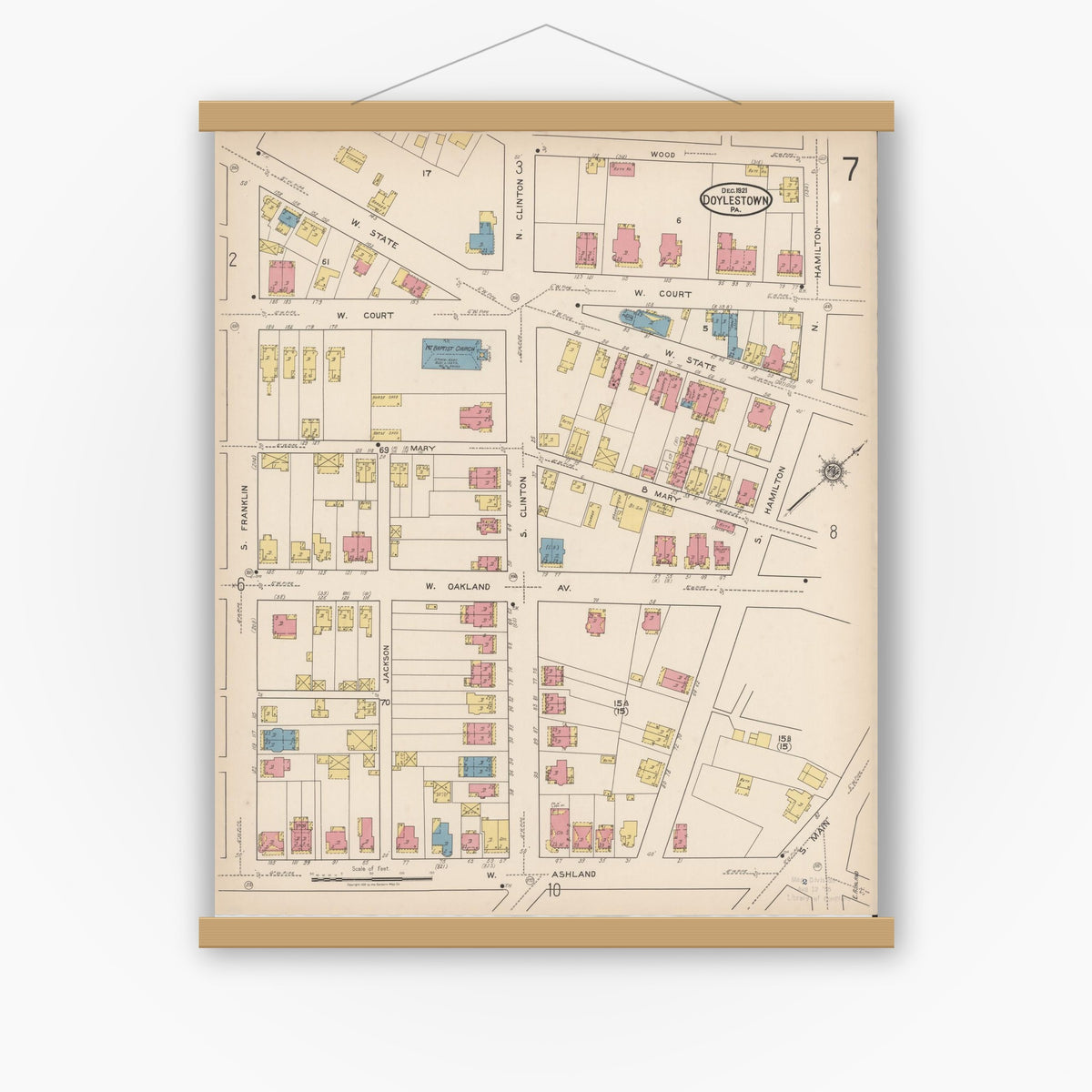 Old map wall art mockup — magnetic wood frame on white wall — Sanborn Fire Insurance Map from Doylestown, Bucks County, Pennsylvania (1922), Sheet #0007
