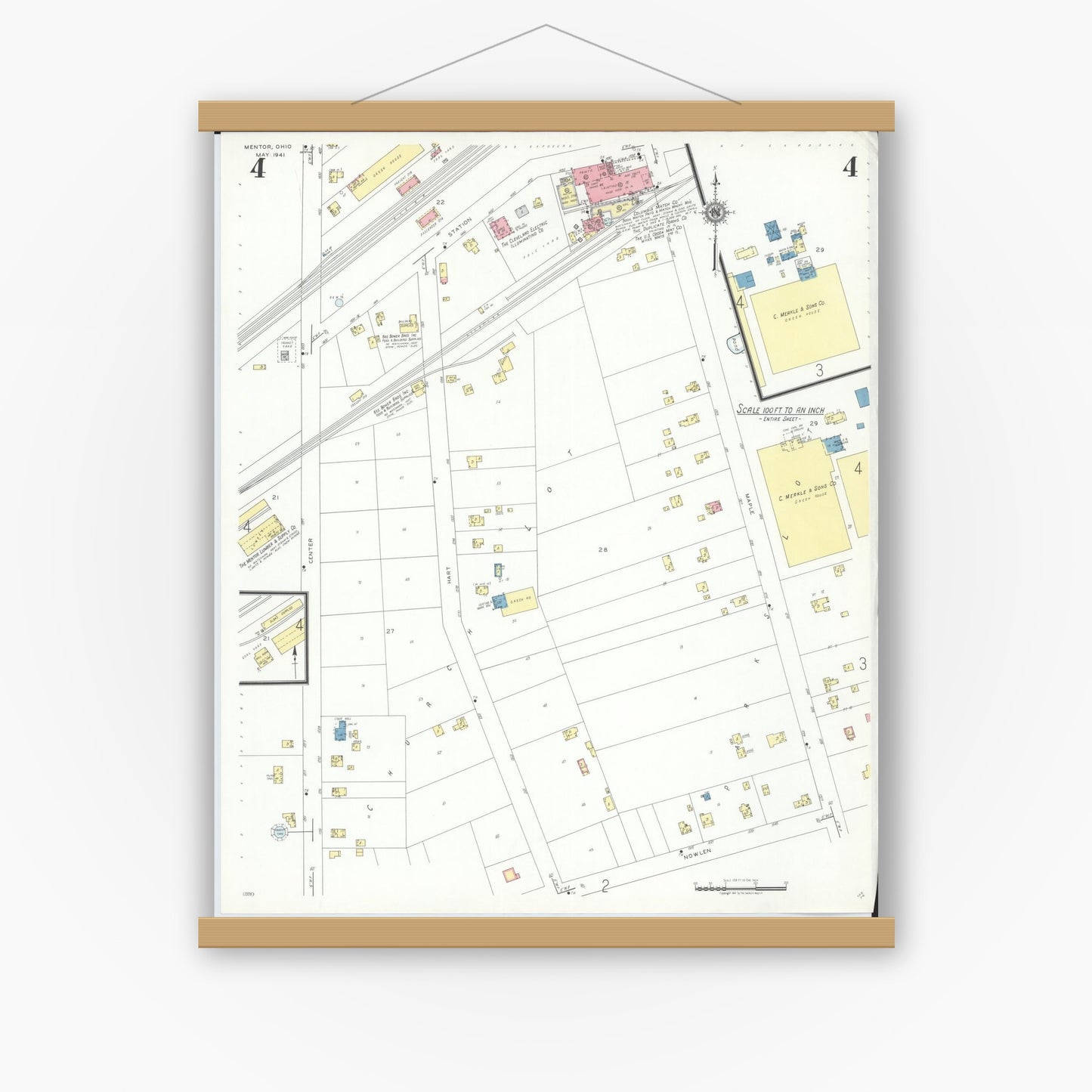Old map wall art mockup — magnetic wood frame on white wall — Sanborn Fire Insurance Map from Mentor, Lake County, Ohio (1941), Sheet #0004