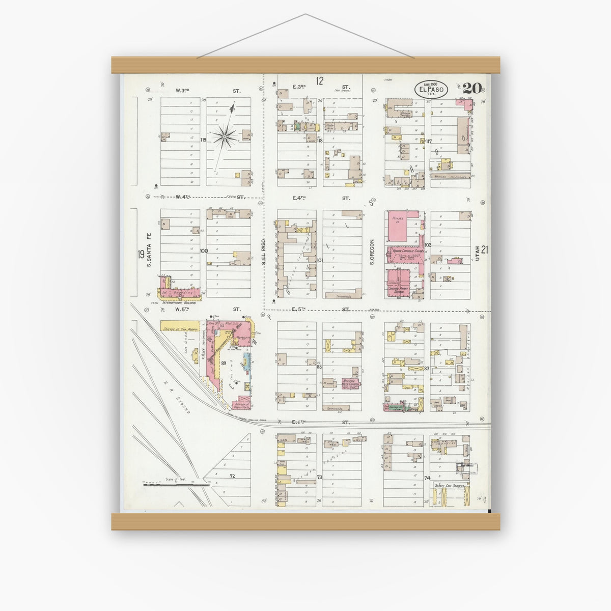 Old map wall art mockup — magnetic wood frame on white wall — Sanborn Fire Insurance Map from El Paso, El Paso County, Texas (1900), Sheet #0020