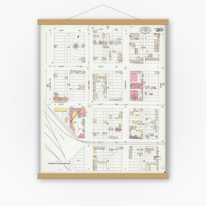 Old map wall art mockup — magnetic wood frame on white wall — Sanborn Fire Insurance Map from El Paso, El Paso County, Texas (1900), Sheet #0020