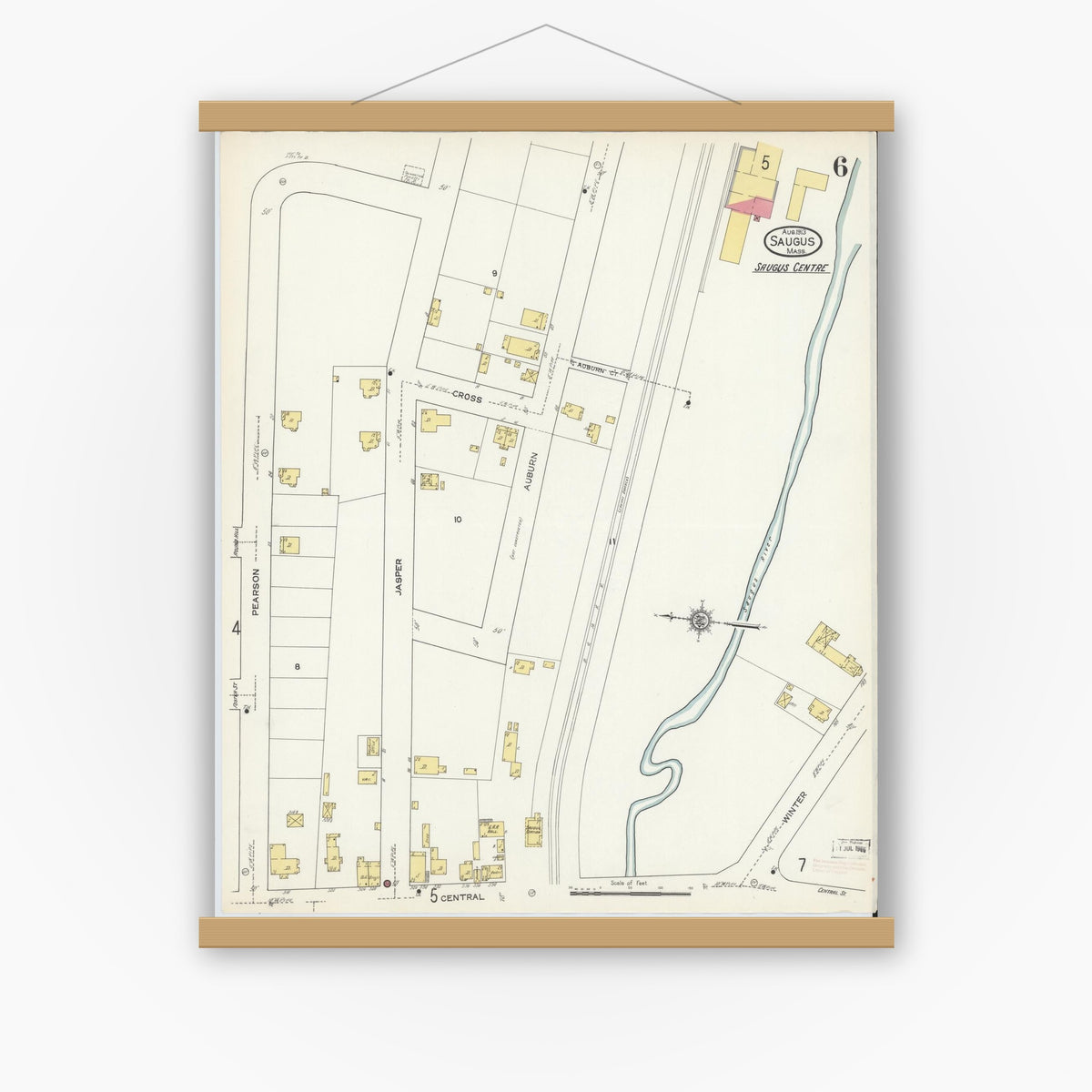 Old map wall art mockup — magnetic wood frame on white wall — Sanborn Fire Insurance Map from Saugus, Essex County, Massachusetts (1913), Sheet #0006