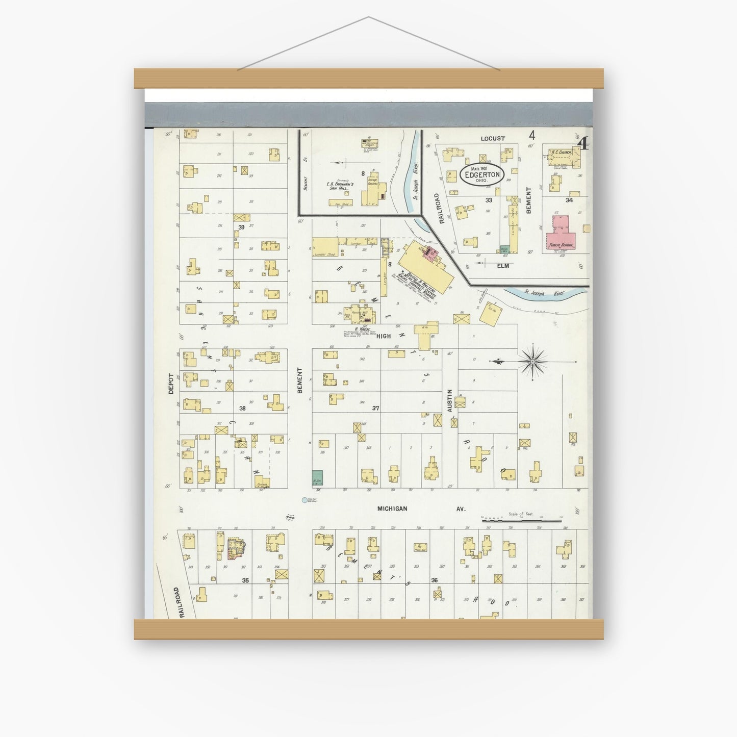 Old map wall art mockup — magnetic wood frame on white wall — Sanborn Fire Insurance Map from Edgerton, Williams County, Ohio (1901), Sheet #0004